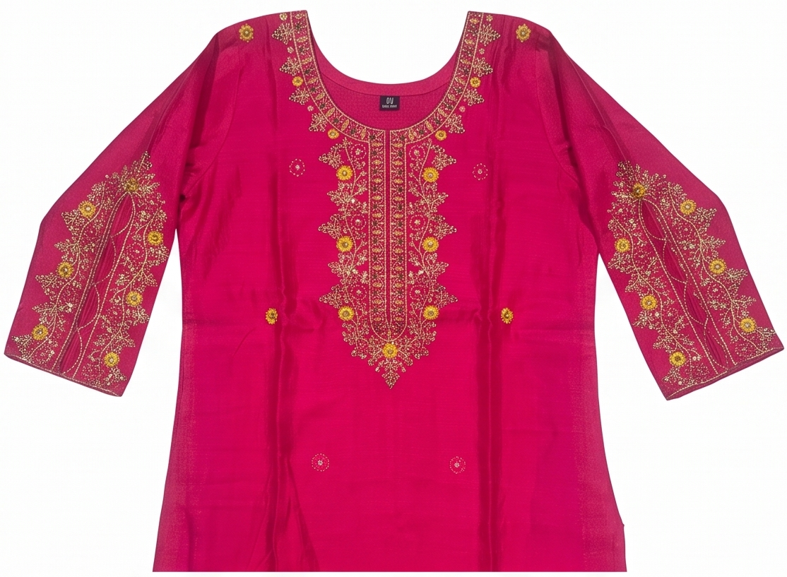 Pink Embroidery Straight Kurti