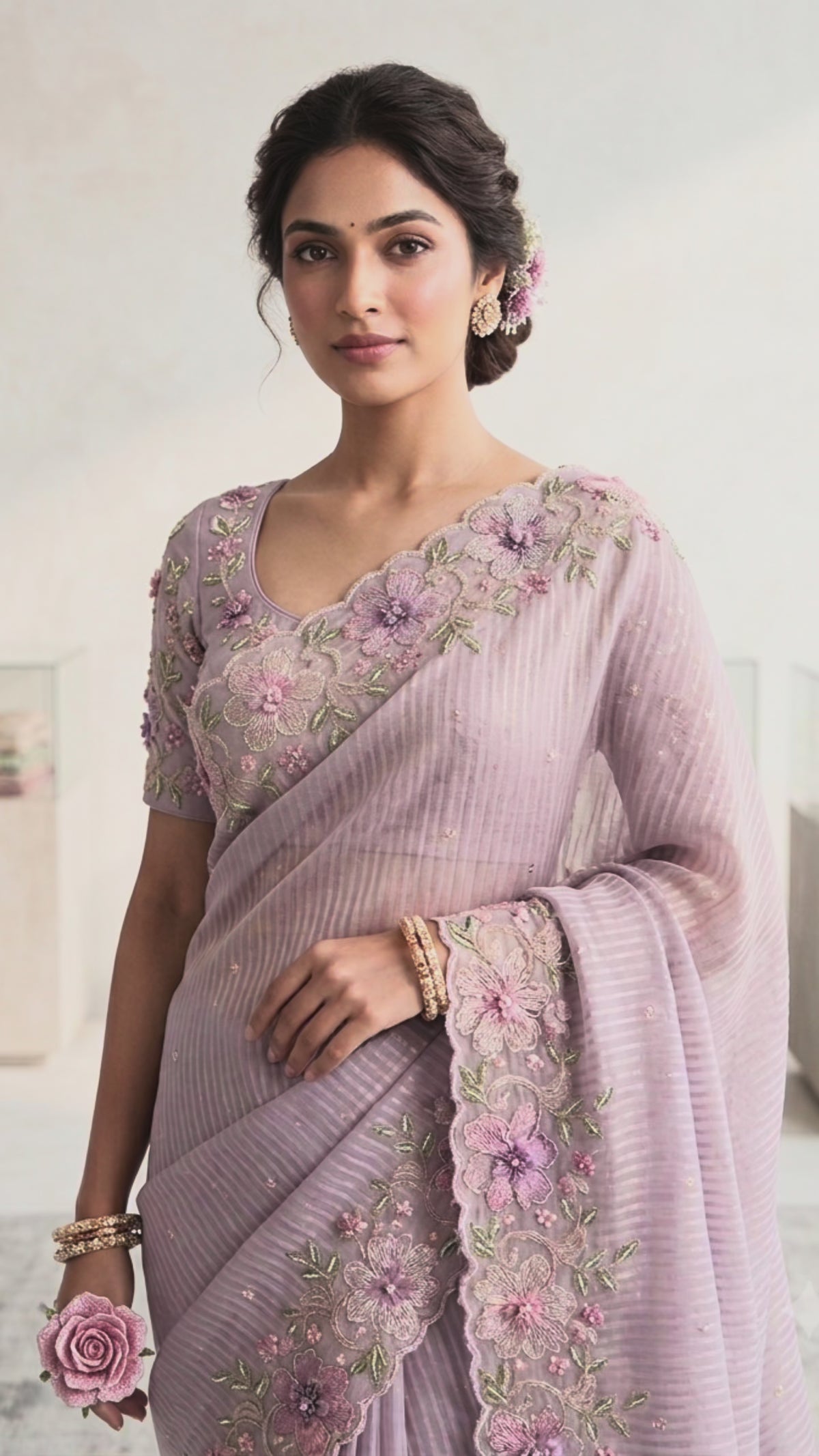 The Lilac Blossom: Premium Metallic Tissue Saree with Intricate Floral Borders