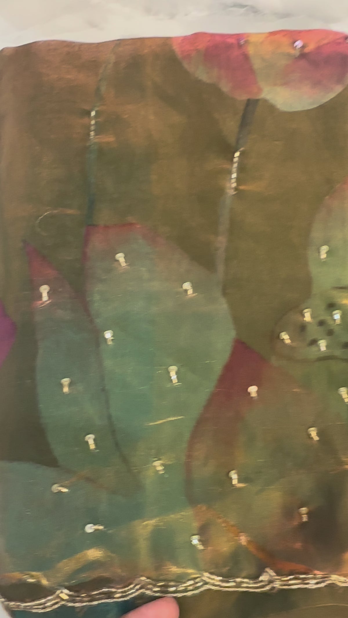 The Lotus Serenade: Olive Gold Satin Tissue Saree with Hand-Painted Style Florals