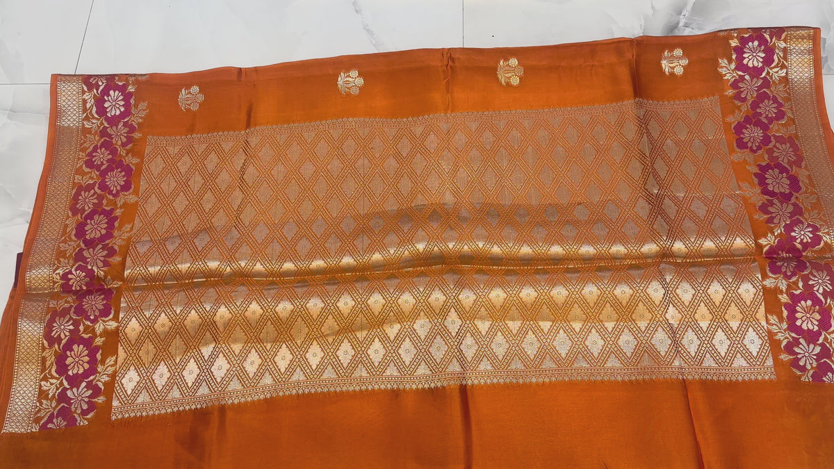 Raw Mango Tangerine Orange Handloom Silk Saree featuring Fuchsia Floral Vine Borders