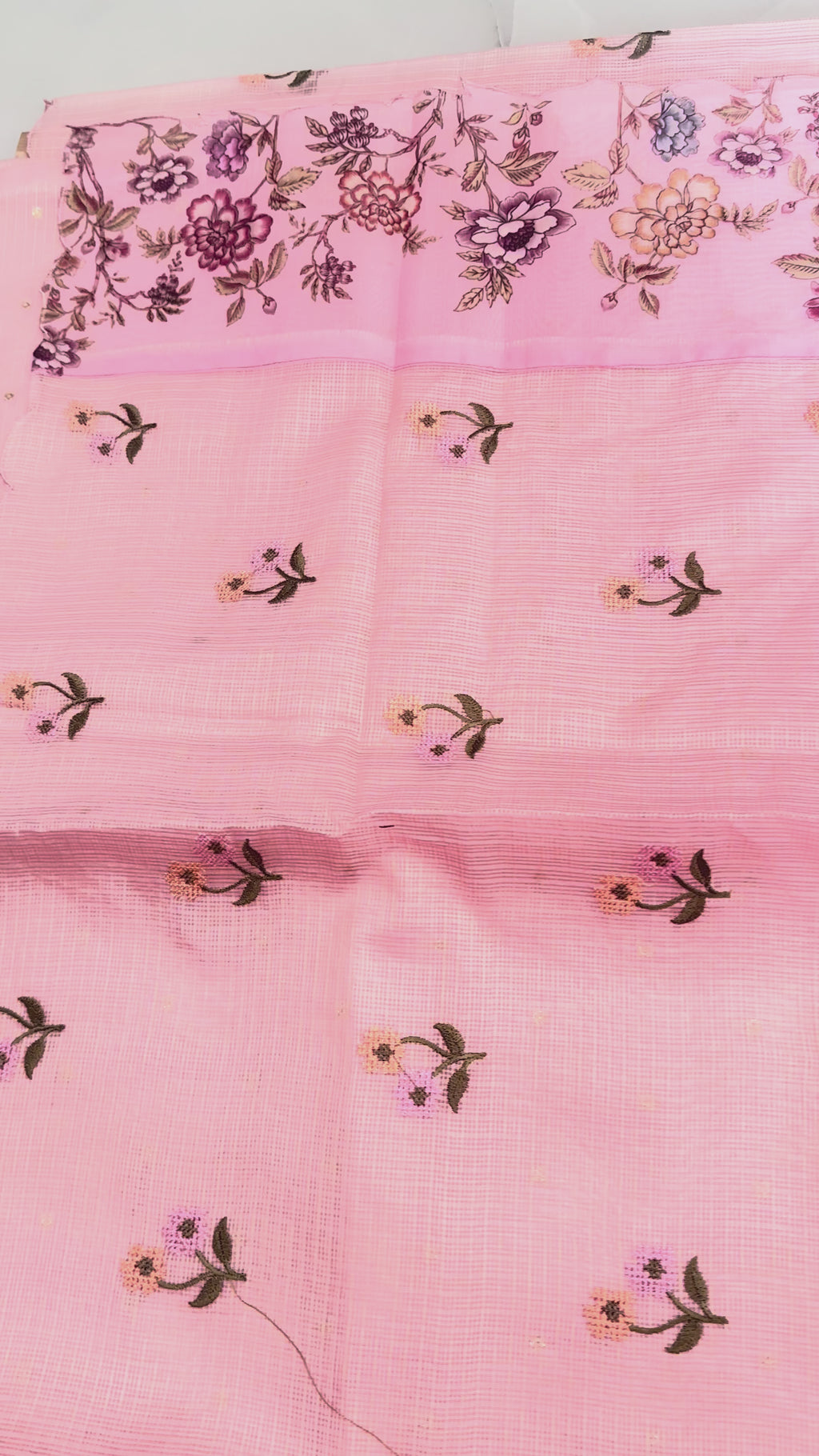 Premium Pink Fancy Kota Saree with Cross-Stitch Embroidered Border & Floral Butis