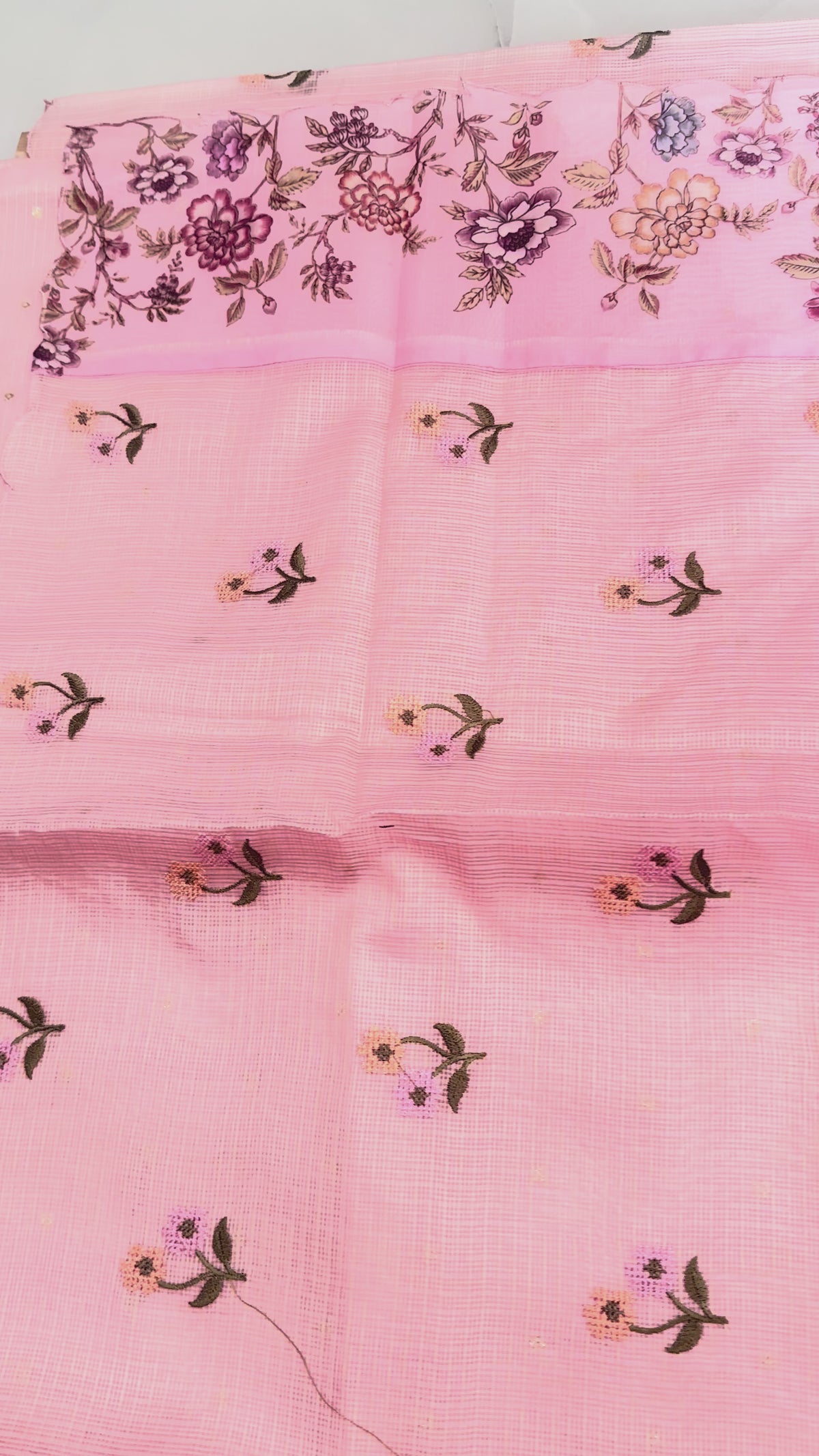 Premium Pink Fancy Kota Saree with Cross-Stitch Embroidered Border & Floral Butis