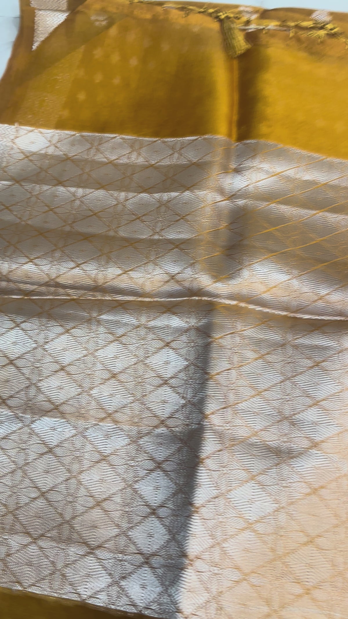 The Golden Grove: Elegant Mustard Paper Silk Saree with Pastel Meenakari Birds