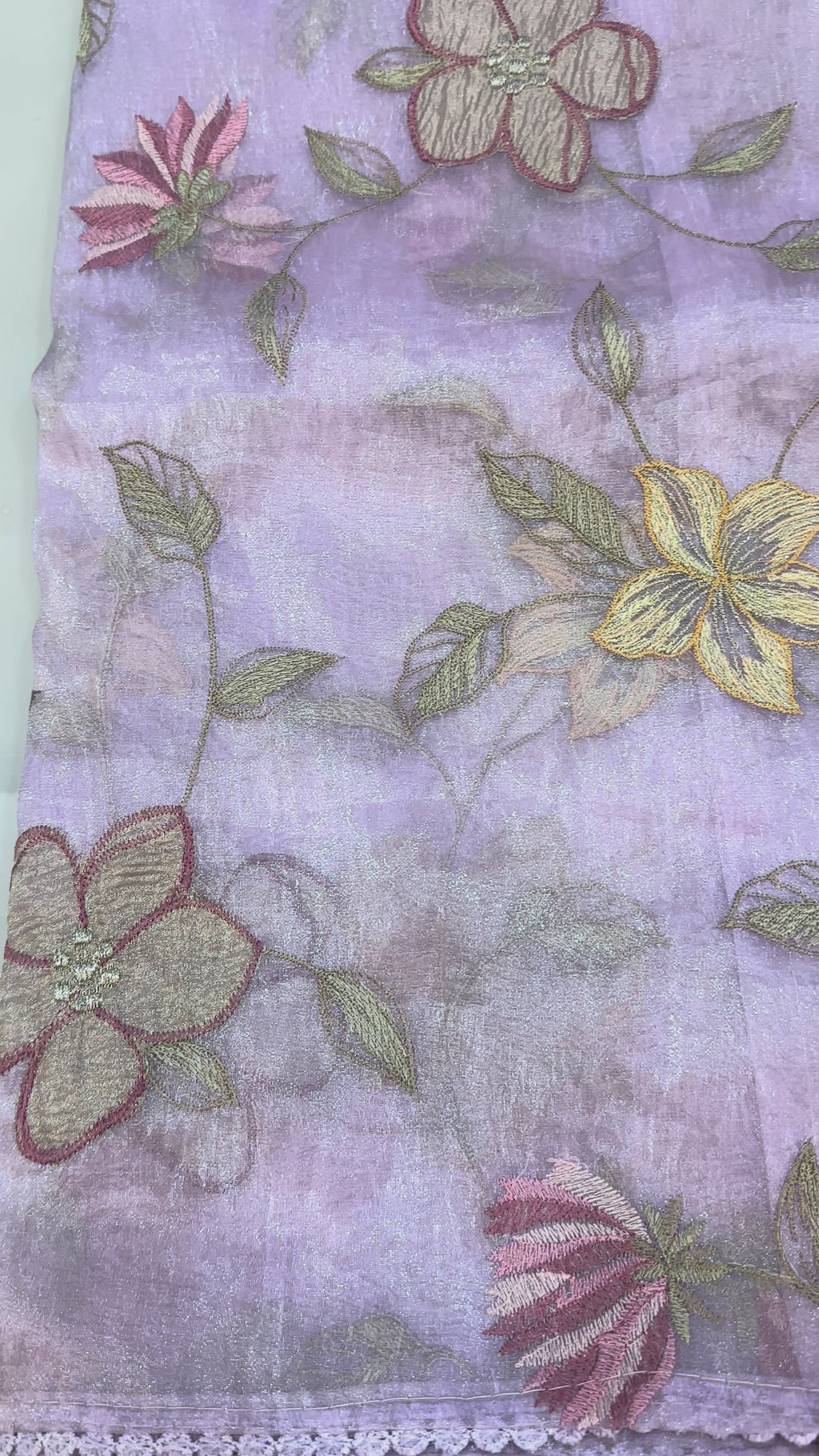 The Amethyst Bloom: Premium Lilac Glass Tissue Saree with Delicate Resham Work