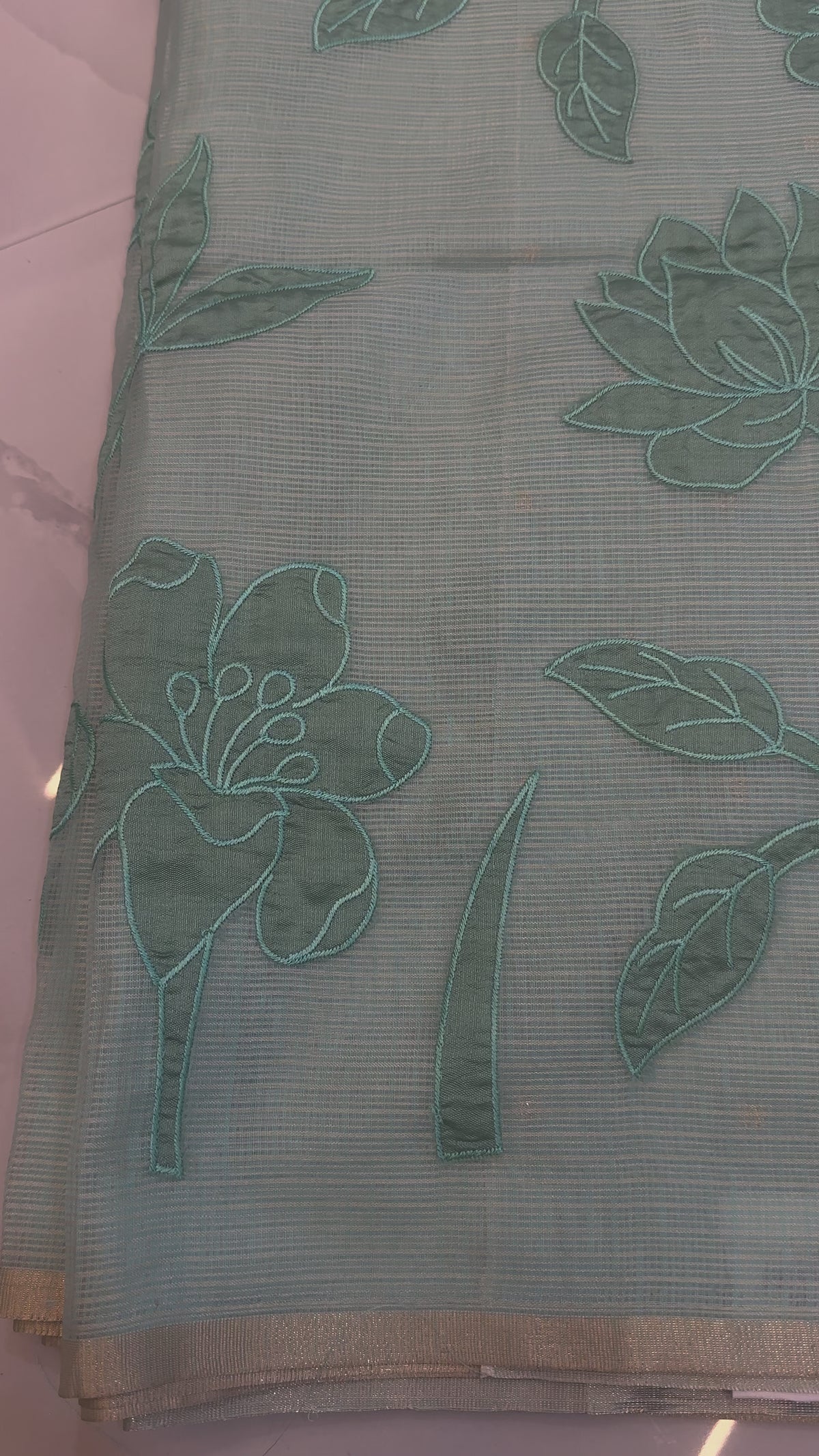 The Sage Botanical: Premium Light Linen Saree with Intricate Threadwork Vines