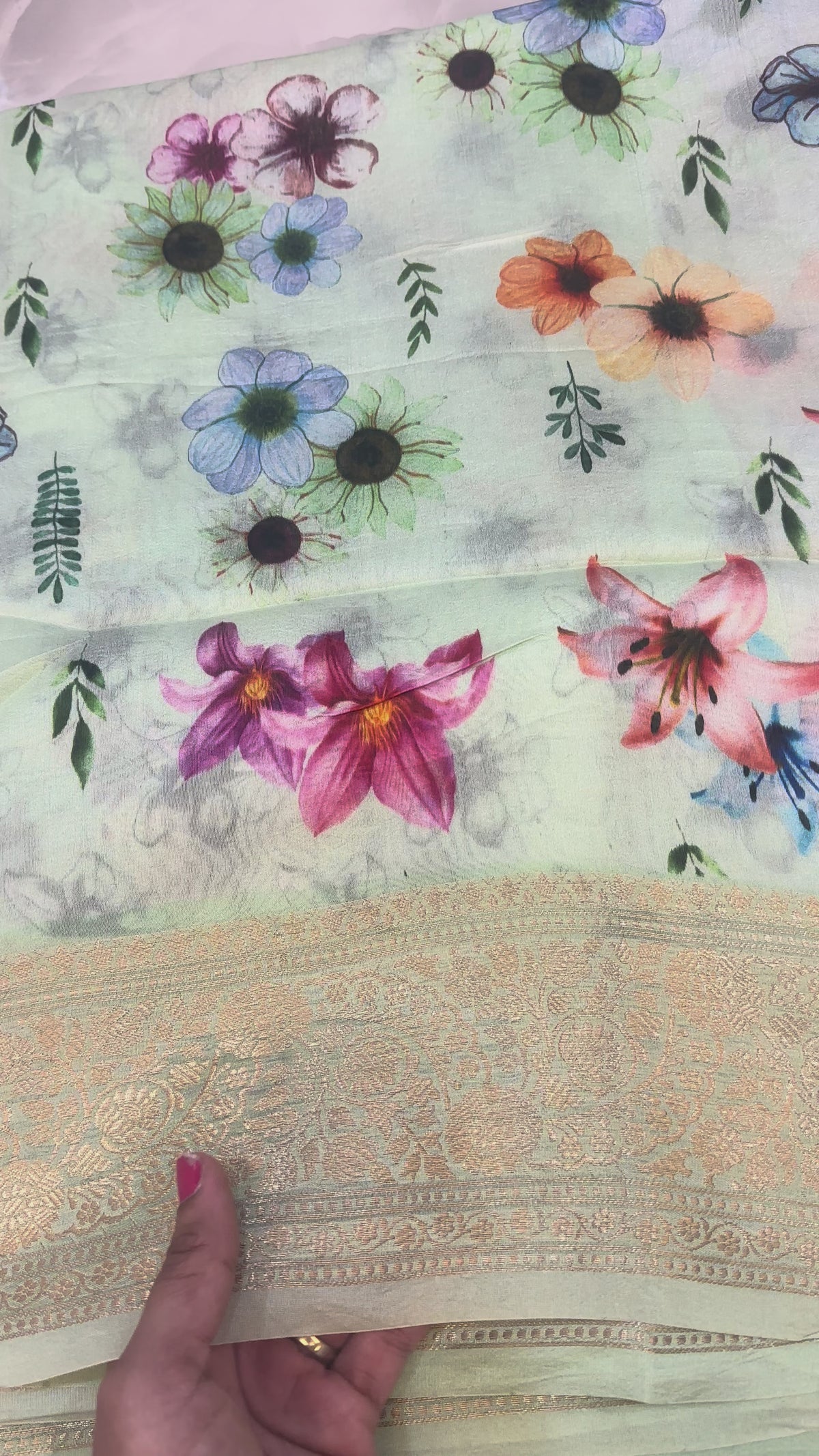 The Pastel Botanical: Premium Mint Chanderi Silk Saree with Traditional Zari Borders