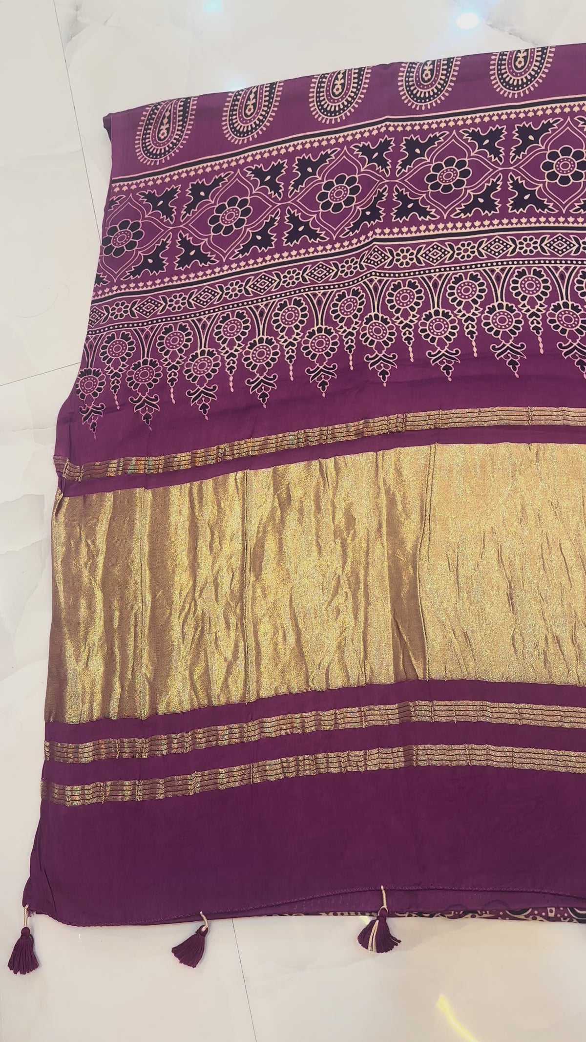 The Heritage Medallion: Premium Dusty Purple Modal Silk Saree with Traditional Ajrakh Art