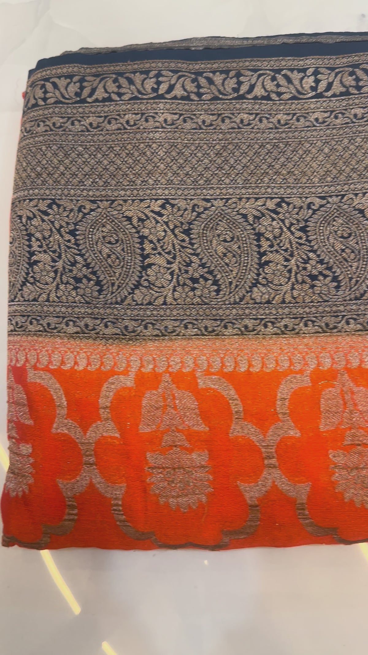 Rust Orange Banarasi Georgette Saree with Antique Zari Floral Jaal and Navy Contrast Border
