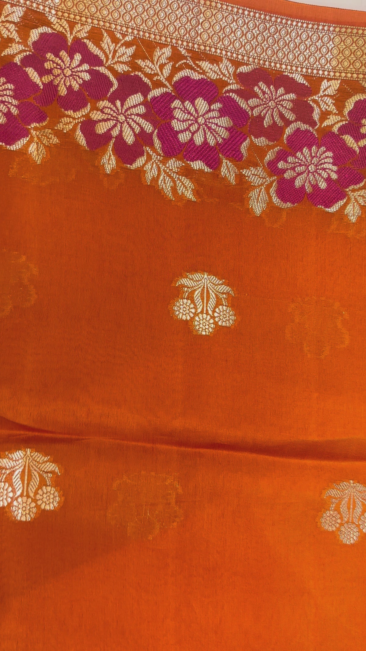 Raw Mango Tangerine Orange Handloom Silk Saree featuring Fuchsia Floral Vine Borders