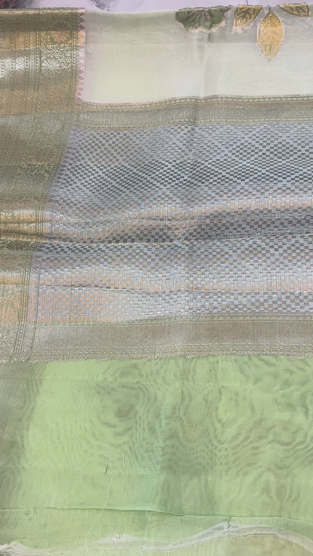 The Ivory Meadow: Premium Off-White Semi Katan Saree with Soft Green Zari Border