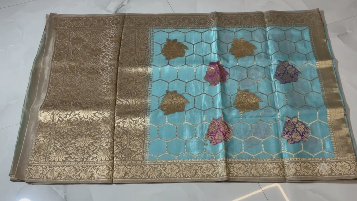 Elegant Firoza Blue Chinon Fabric Saree with Traditional Woven Border & Blouse