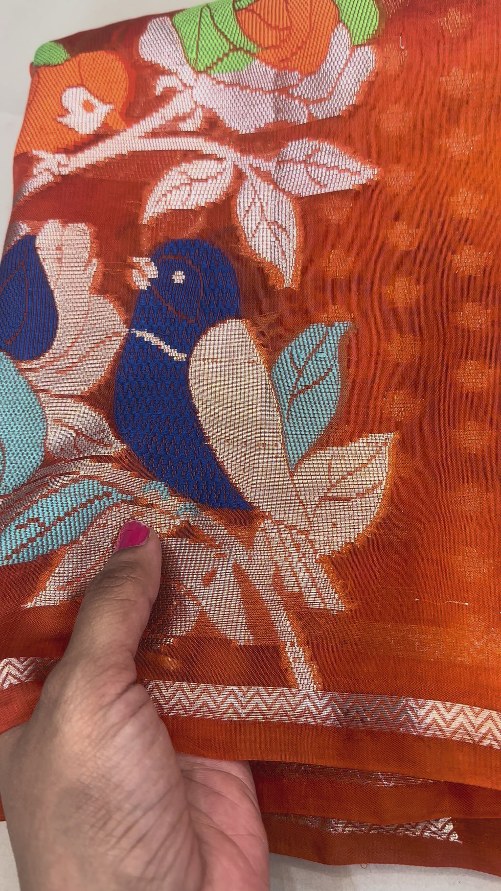 The Aviary Meadow: Vibrant Orange Paper Silk Saree with Pastel Meenakari Birds