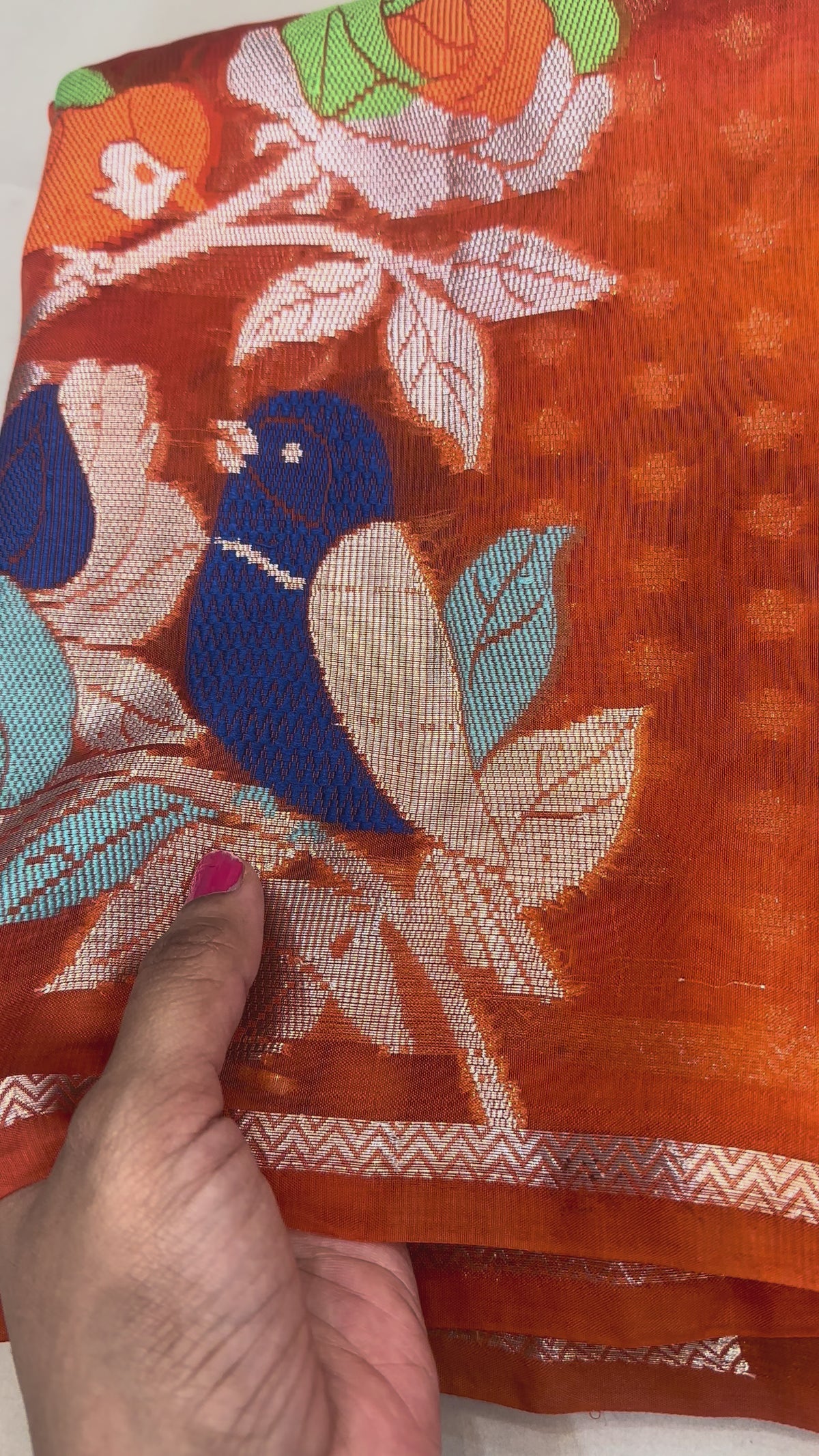 The Aviary Meadow: Vibrant Orange Paper Silk Saree with Pastel Meenakari Birds