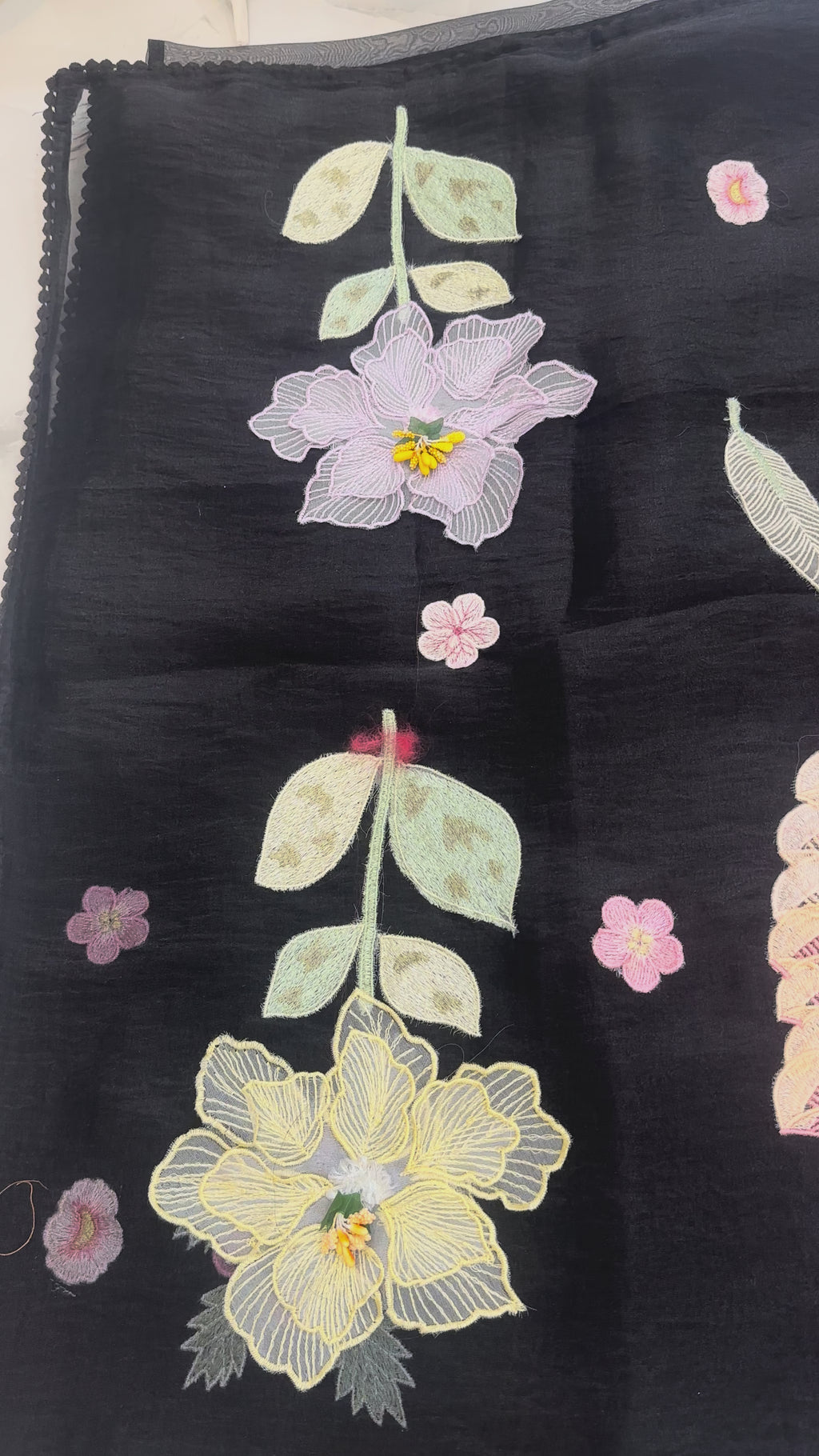 The Midnight Bloom: Premium Black Glass Tissue Saree with Raised 3D Applique Florals
