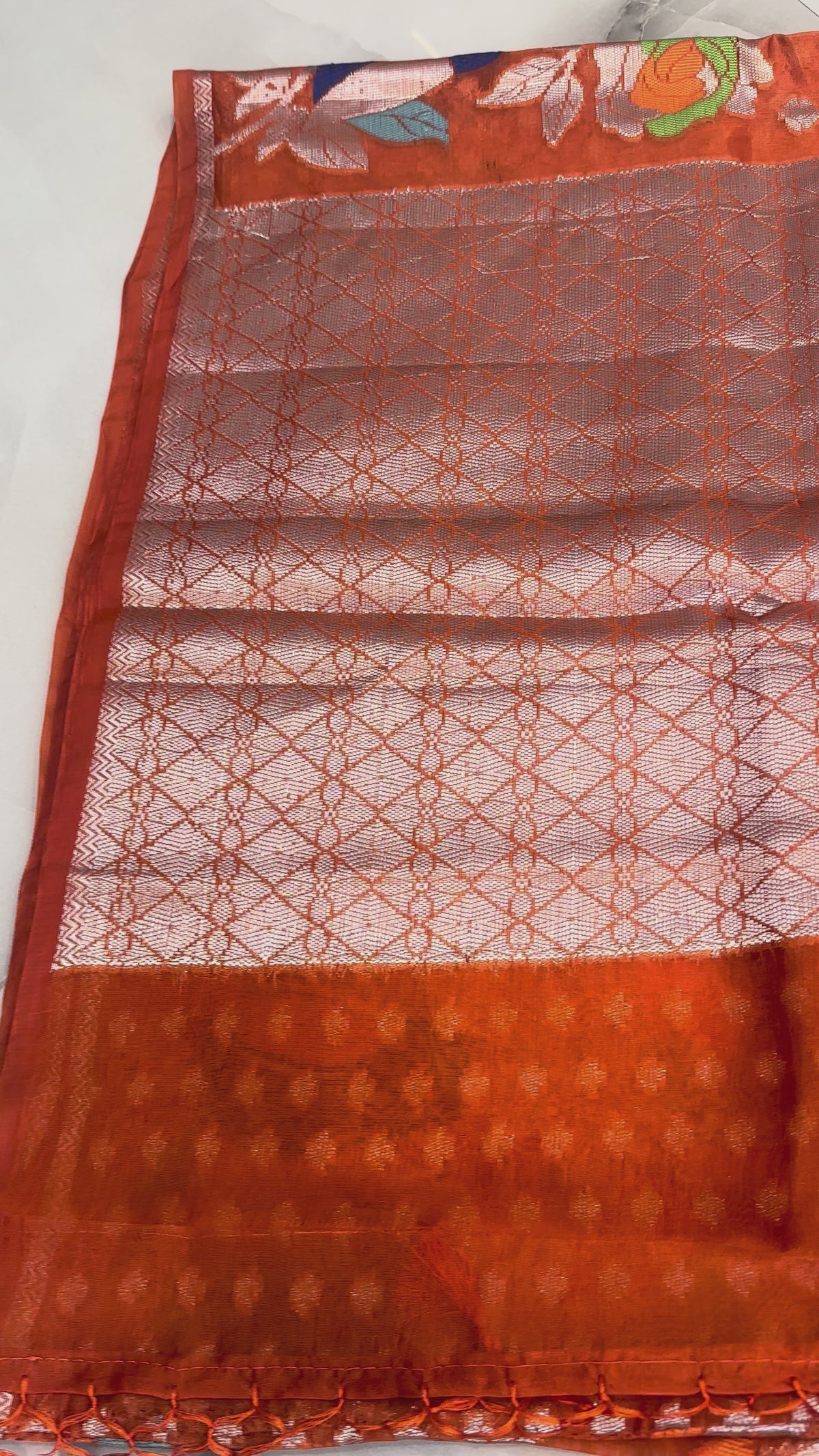The Aviary Meadow: Vibrant Orange Paper Silk Saree with Pastel Meenakari Birds
