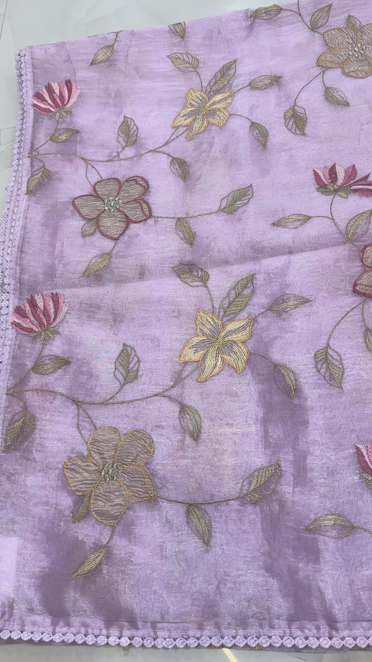 The Amethyst Bloom: Premium Lilac Glass Tissue Saree with Delicate Resham Work