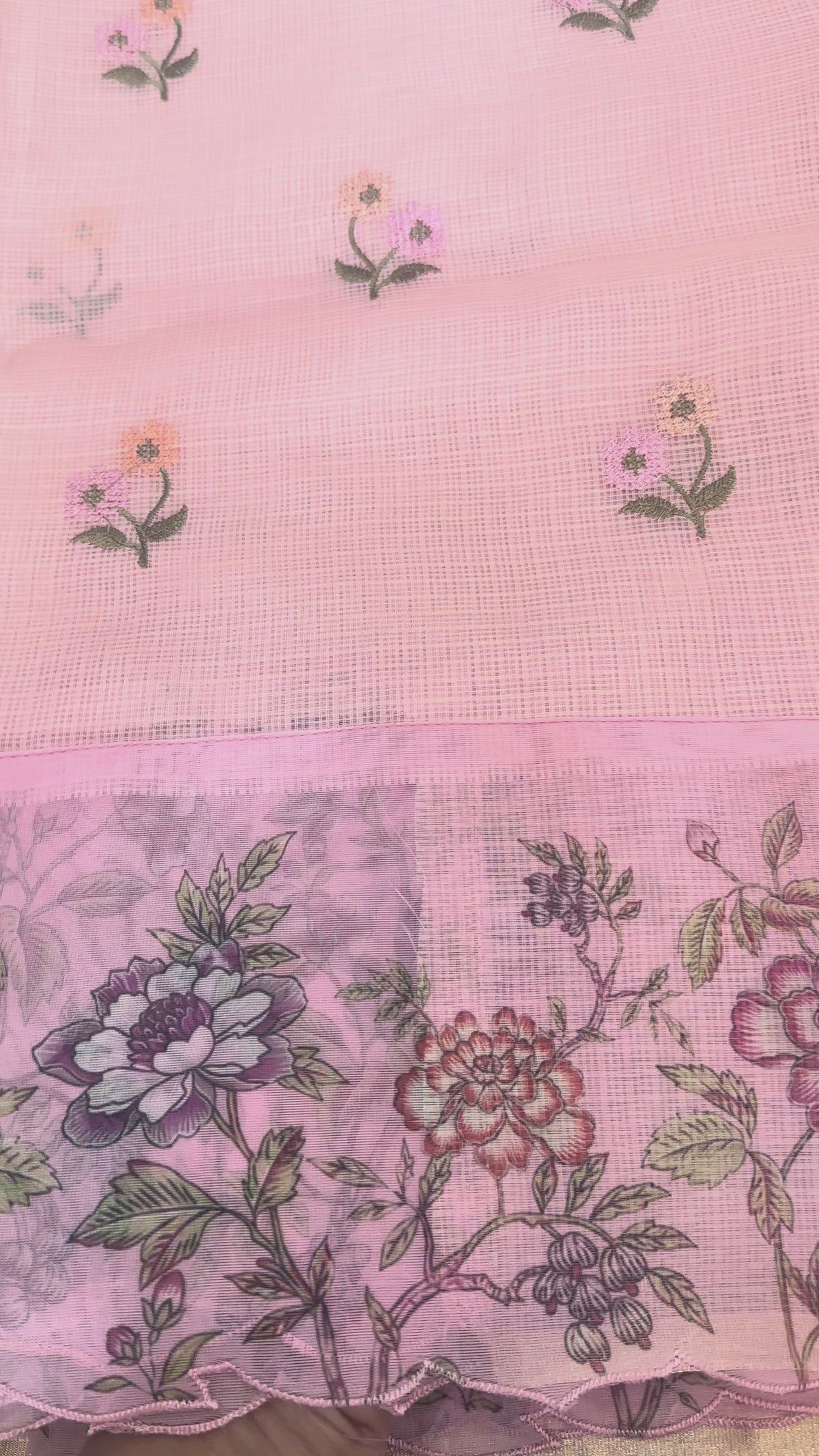 Premium Pink Fancy Kota Saree with Cross-Stitch Embroidered Border & Floral Butis