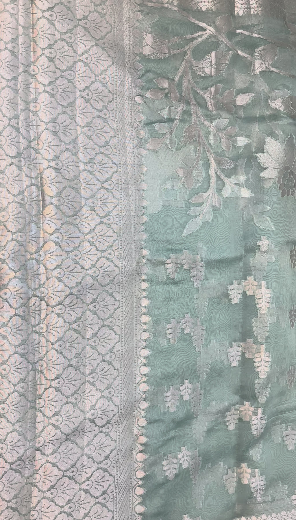 The Sage Meadow: Sea Green Kora Organza Silk Saree with Silver Zari Vine Borders