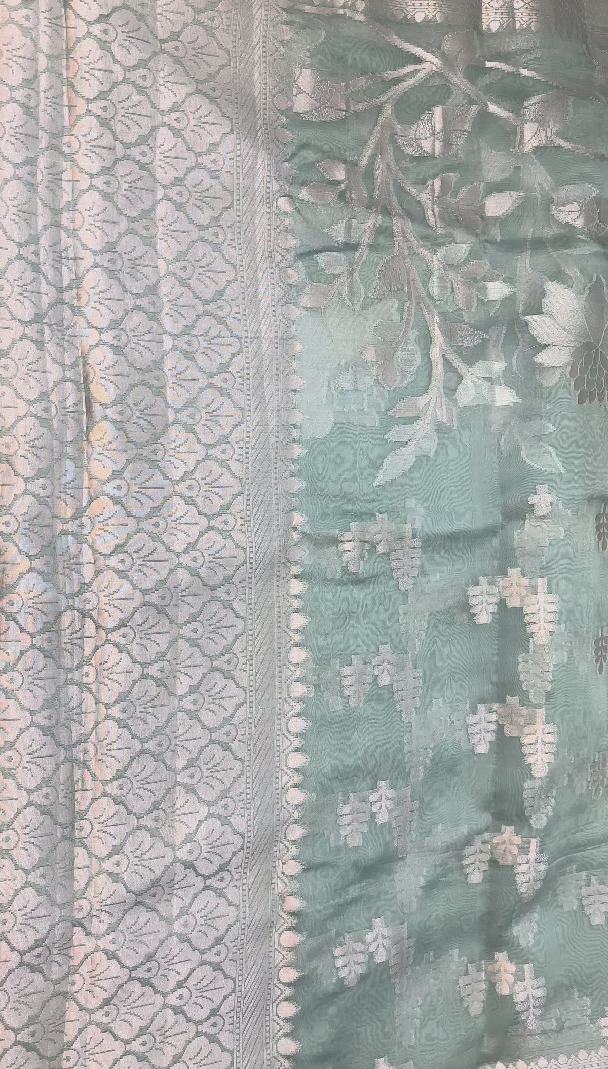 The Sage Meadow: Sea Green Kora Organza Silk Saree with Silver Zari Vine Borders