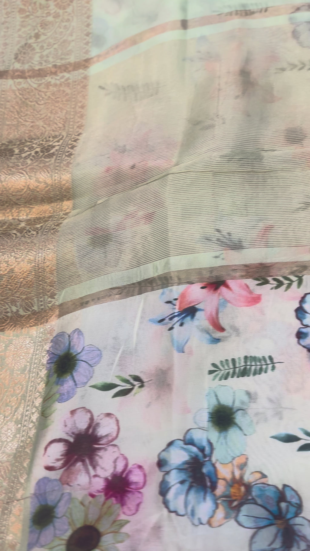 The Pastel Botanical: Premium Mint Chanderi Silk Saree with Traditional Zari Borders