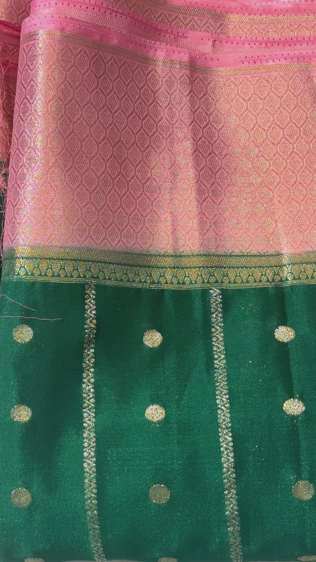 The Vintage Jade: Emerald Green Paper Silk Saree with Contrast Pastel Peach Border