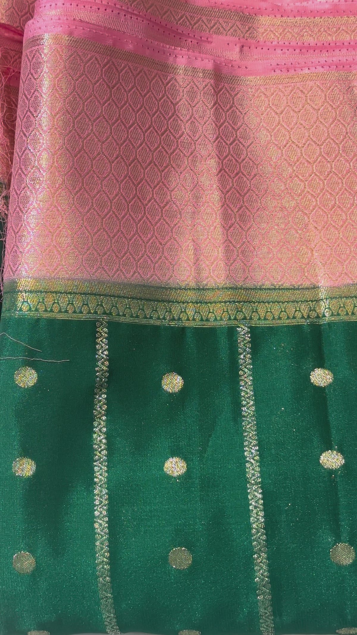 The Vintage Jade: Emerald Green Paper Silk Saree with Contrast Pastel Peach Border