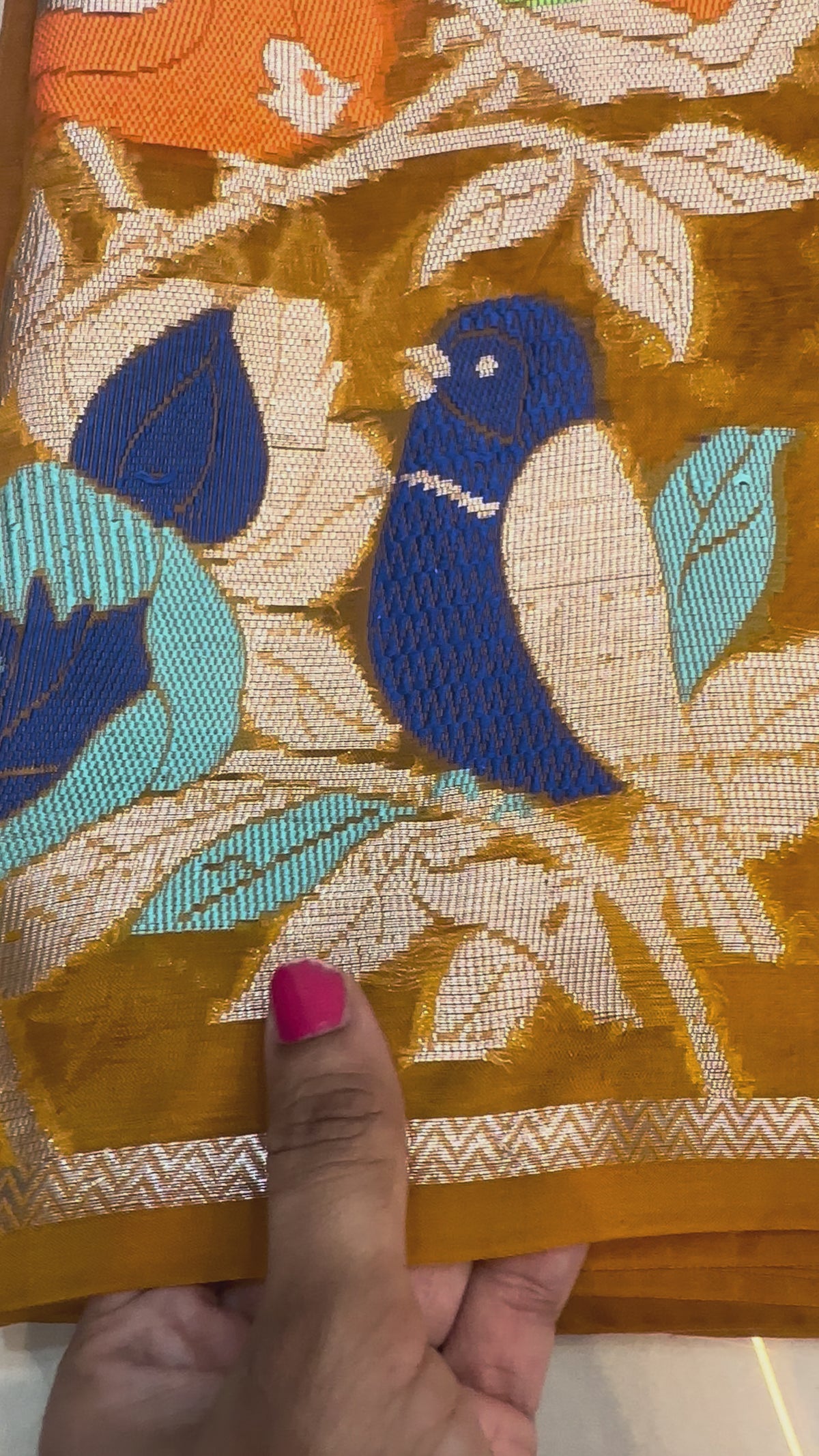 The Golden Grove: Elegant Mustard Paper Silk Saree with Pastel Meenakari Birds